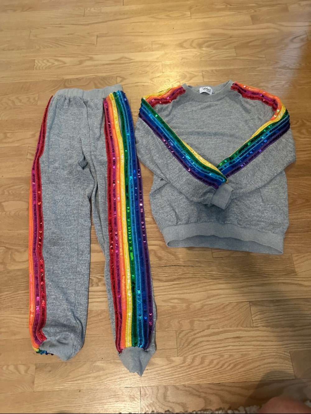 Lola + The Boys Gray Sweatshirt and Joggers with Rainbow Sequin Stripes